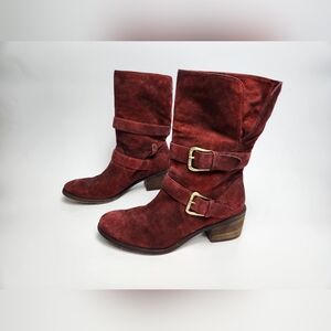 Donald J Pliner Moto Boot Size 7.5 Mid Calf Distressed Red Suede‎ Buckle Foldup
